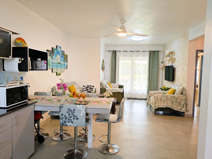Open-plan kitchen, dining and living
